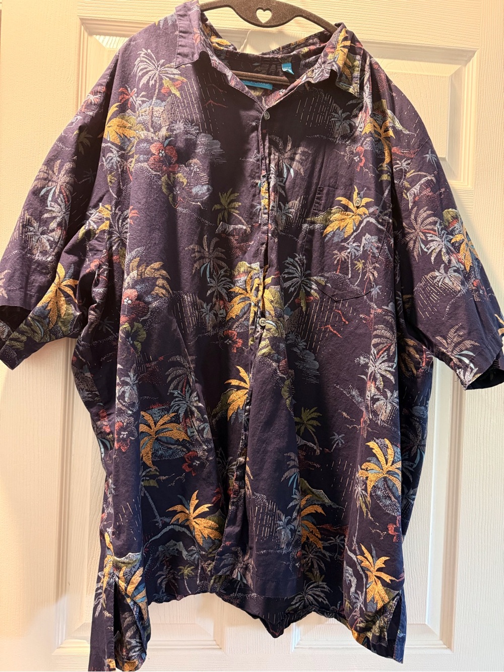 Tori Richard Purple Hawaiian Camp Shirt with Yellow Palm Print